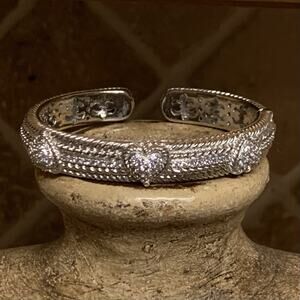 Judith Ripka Sterling Silver Hinged Cuff w/ Heart and Cz's Diamonique